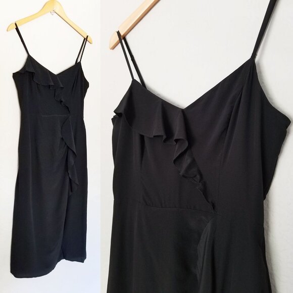 Parker 100% Silk Ellender Ruffle Slit Midi Dress Sz 6 Black Slip Asymmetric $378 - Picture 4 of 12